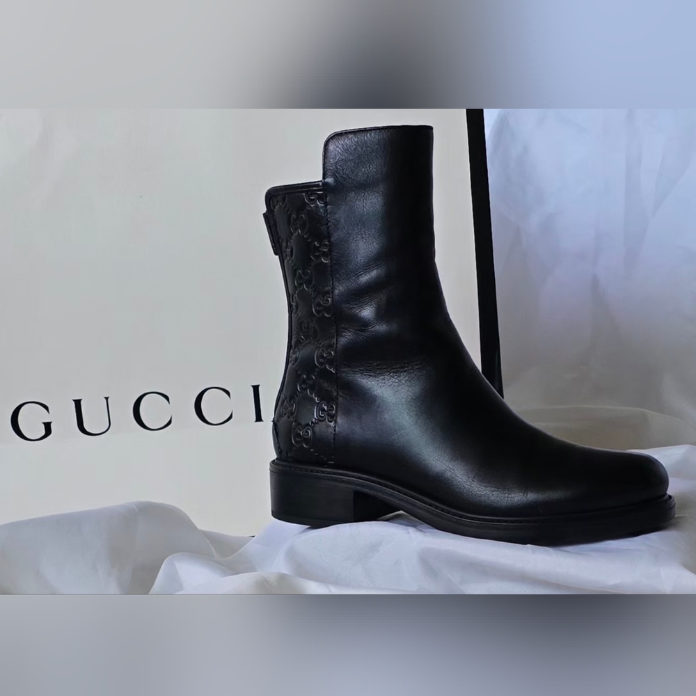 Gucci Women's Leather Biker Boots Embossed GG Logo Size 6